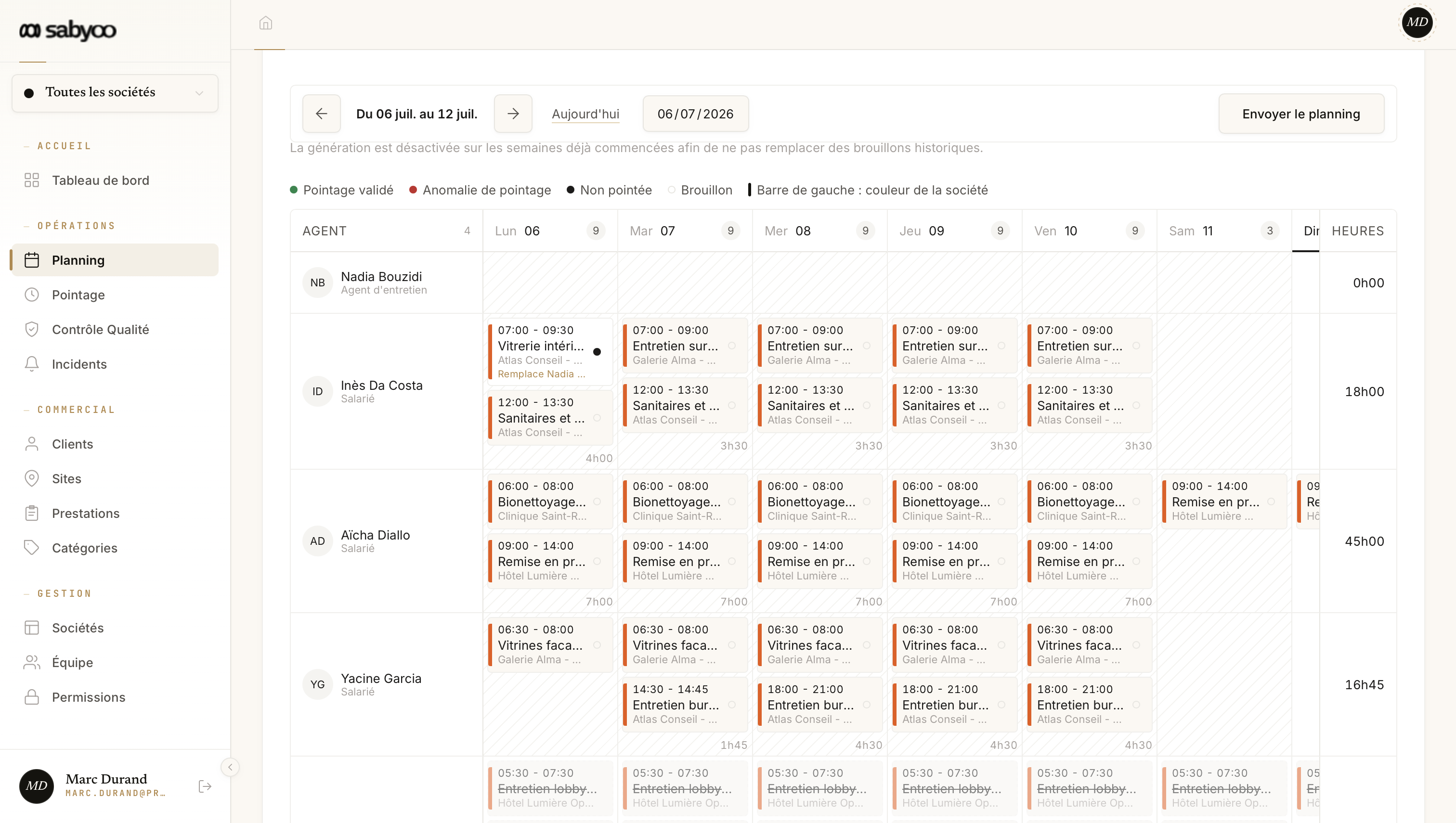 Le planning terrain hebdomadaire